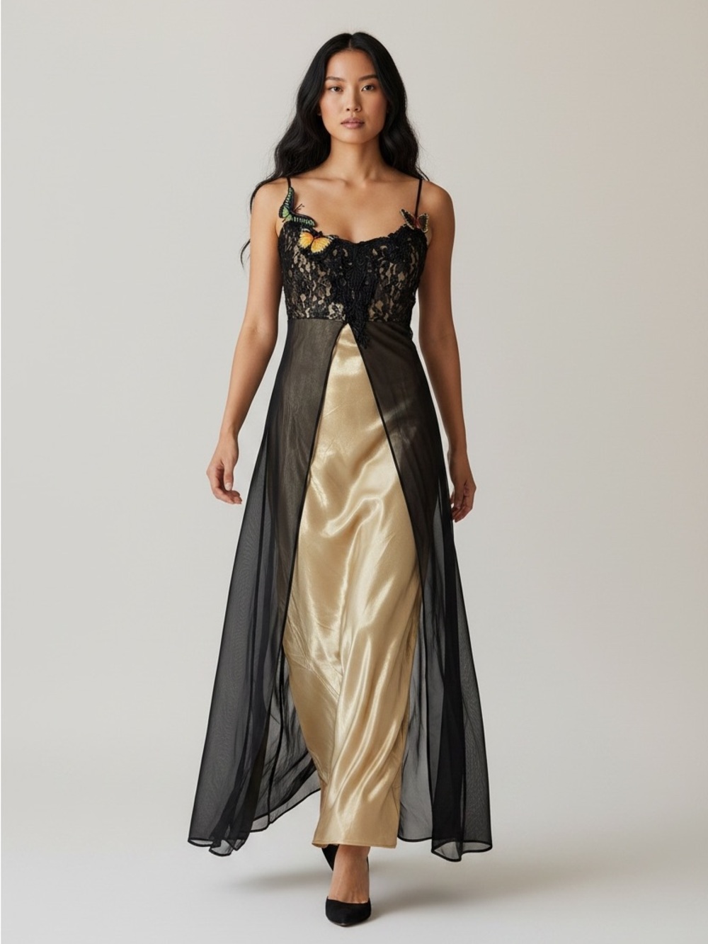 vintage Loralie maxi dress features black lace appliques with butterfly details